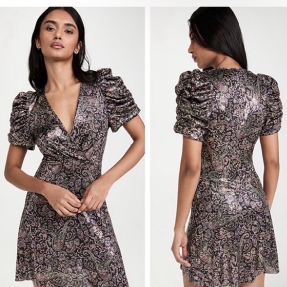 Ba&sh Shopbop Gala Puff Sleeve Metallic Paisley Floral Mini Dress Noir size xs 2 - Picture 3 of 16